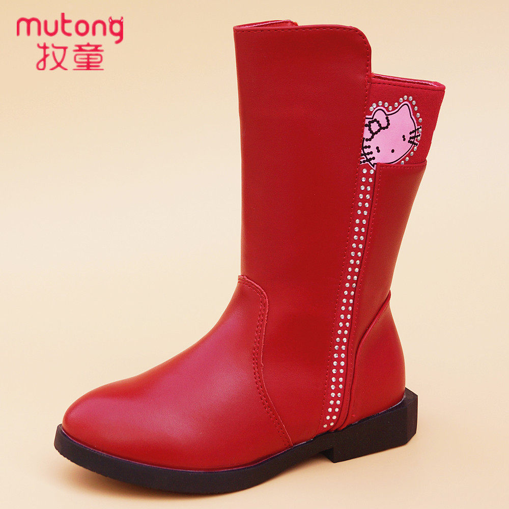 牧童童鞋女童靴子加绒二棉中高筒公主儿童女皮靴