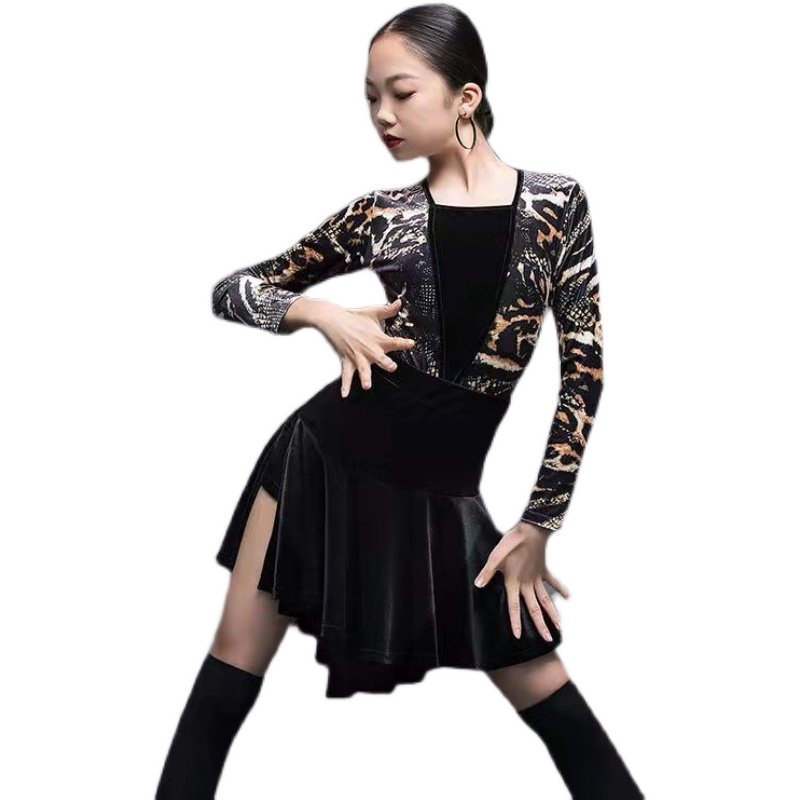 春夏季拉丁舞服装2022年新款练功服女儿童黑色豹纹流苏裙舞蹈服