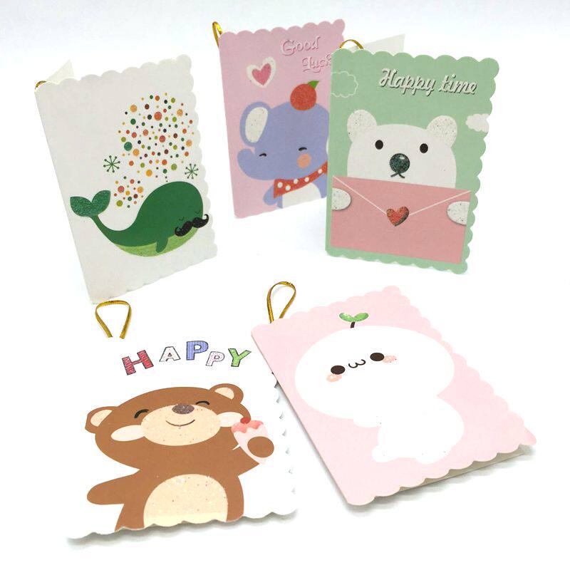 40张带挂绳贺卡折叠小卡片卡通动物可爱留言卡儿童节日感谢祝福卡