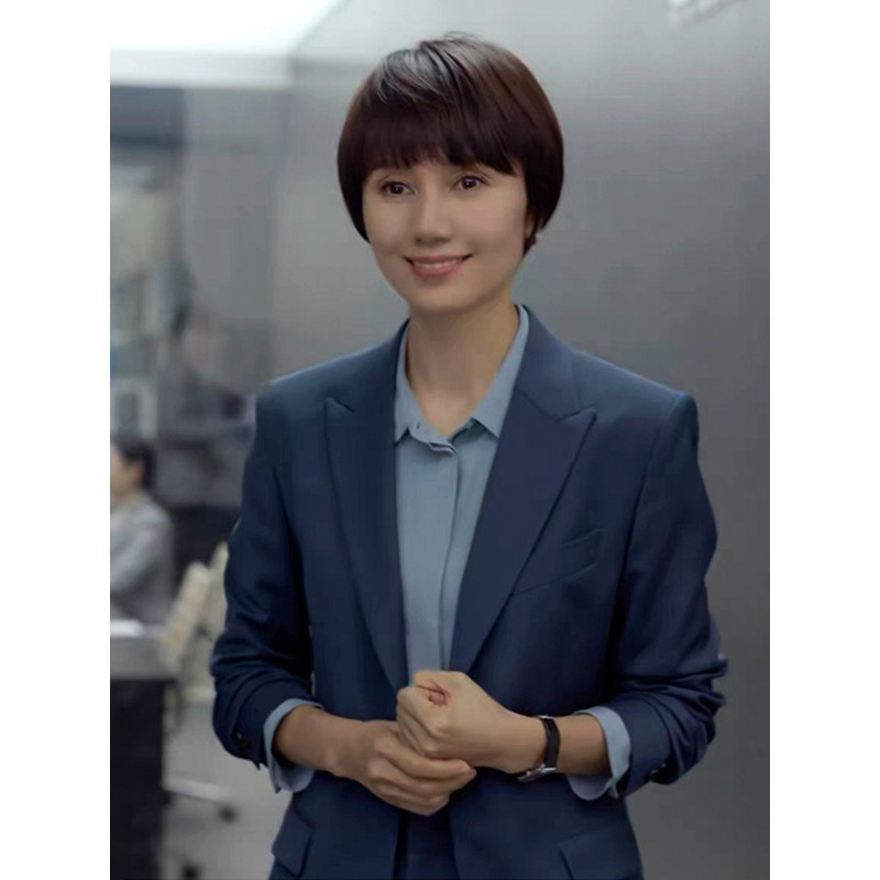 秋冬新袁泉明星同款深蓝色雾霾职业西服修身职场西装