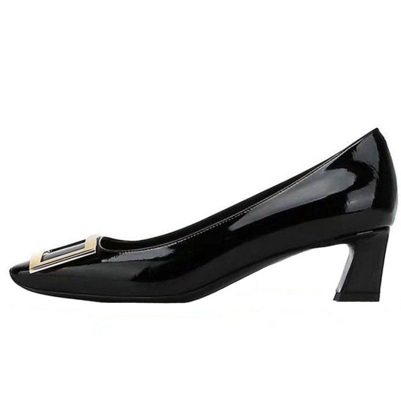 rv高跟鞋黑色女夏职场女鞋粗跟方扣单中跟女士单鞋