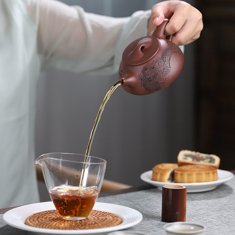 紫砂壶名家徐六萍手工刻绘江南水乡浮雕景舟石瓢泡茶茶壶茶壶