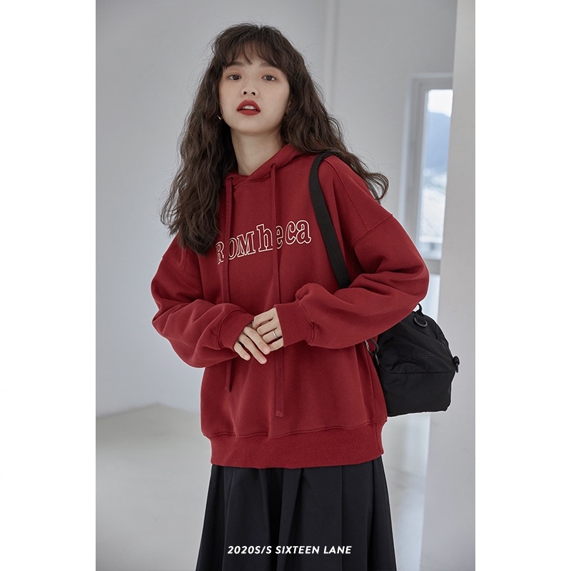 加绒酒红色连帽卫衣女秋冬港风oversize慵懒外套设计感小众小个子