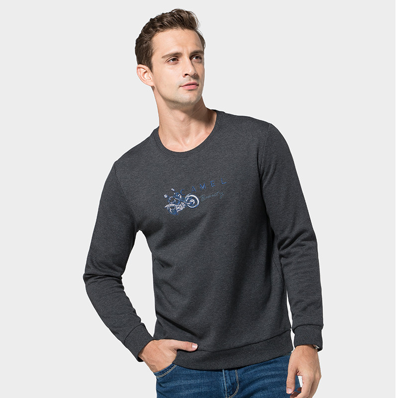 骆驼牌男装 2019秋冬季新款刺绣印花圆领卫衣休闲上衣打底衫男士