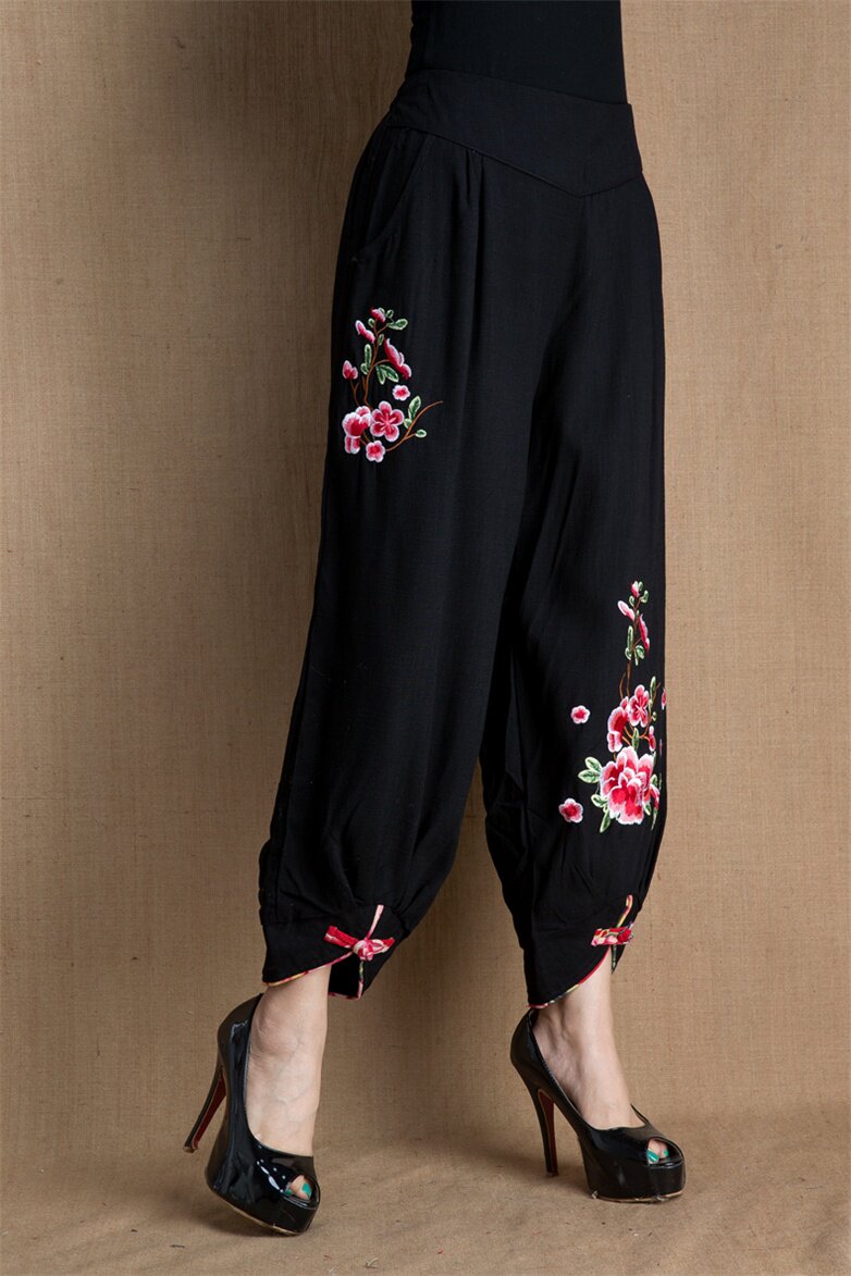 2021新款民族风刺绣绣花阔腿秀舍灯笼裤棉麻高腰休闲裤