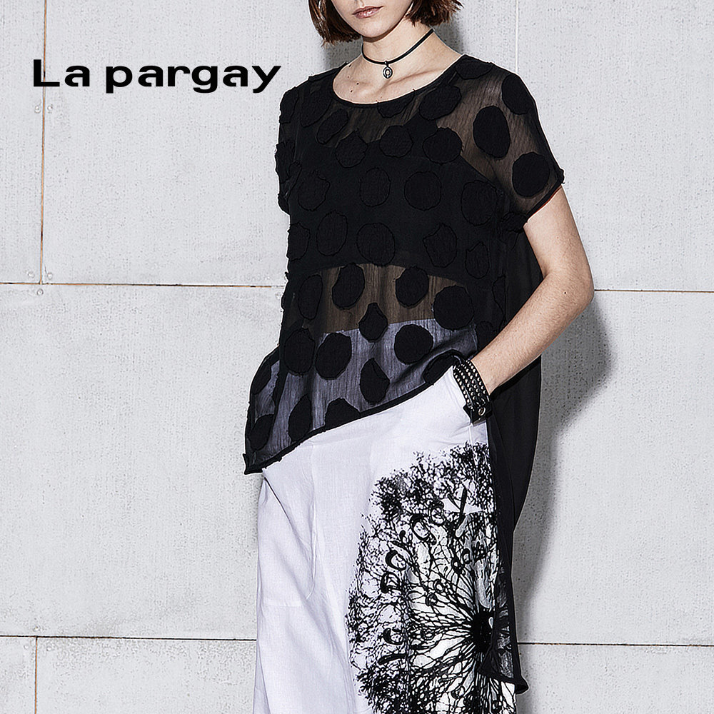 lapargay纳帕佳2020新款拼接时尚黑色短袖雪纺小衫女t恤