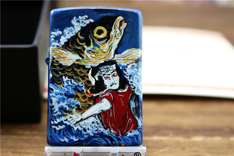 全新dw精品手绘本金浮世绘歌川国芳一勇鲤鱼zippo