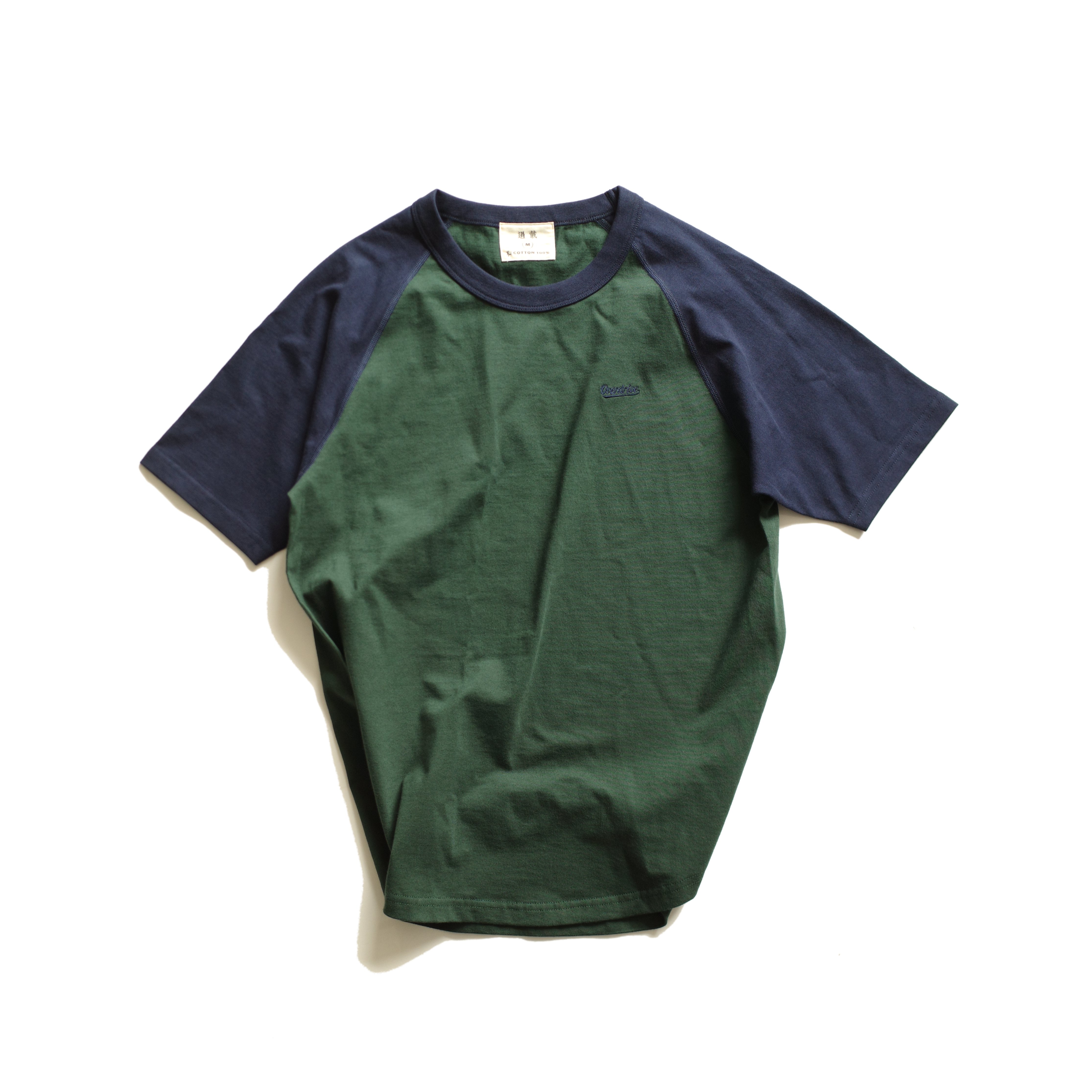 顺丰发货过载商店VINTAGE纯棉复古撞色插肩短袖T蓝绿拼接男女同款