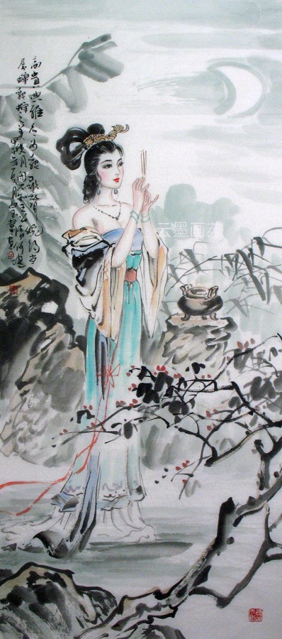 国画客厅玄关酒店仕女古装手绘装饰画四大中式国画