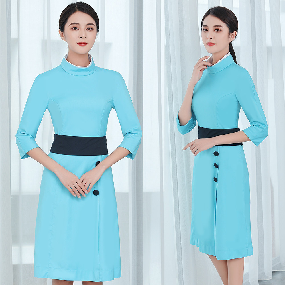 厦门航空制服空姐蓝色连衣裙七分职业装连衣裙