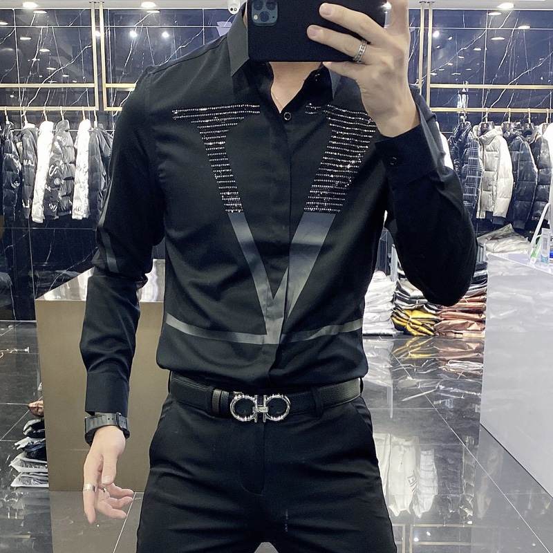 2021年春秋新款衬衣男时尚潮流黑色休闲烫钻修身长袖免烫衬衫男