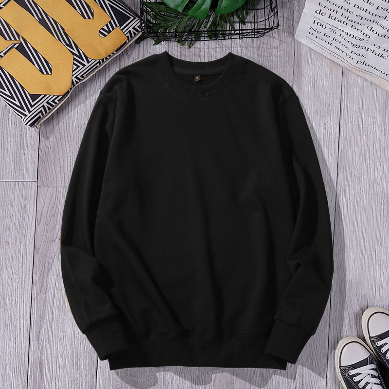 纯黑色圆领卫衣男士ins秋冬季加绒加厚款潮无帽套头宽松潮牌上衣