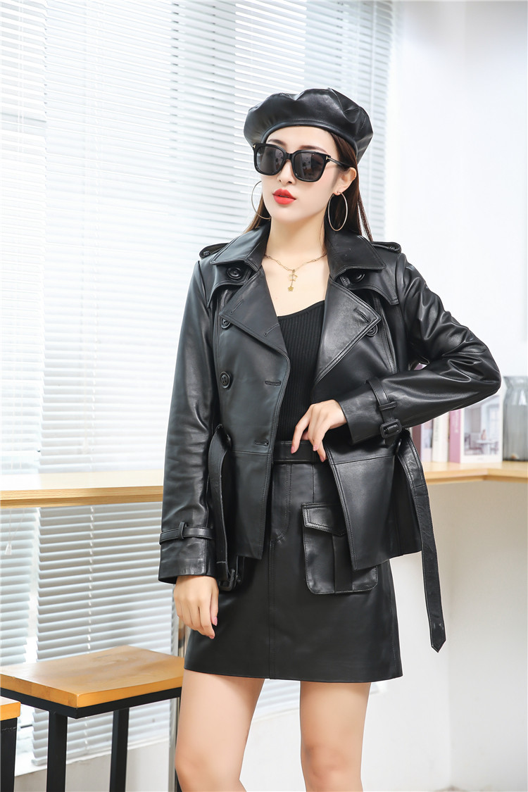 2022春秋真皮皮衣外套女收腰显瘦时尚绵羊皮时髦双排扣短风衣夹克