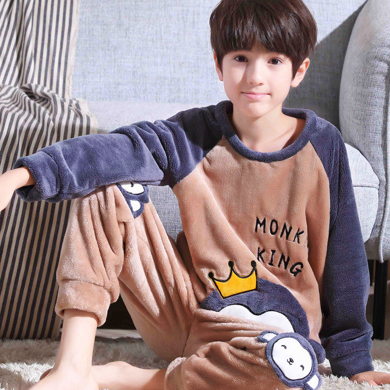 儿童睡衣加厚法兰绒男童冬季厚款男孩子中大12岁家居服套装