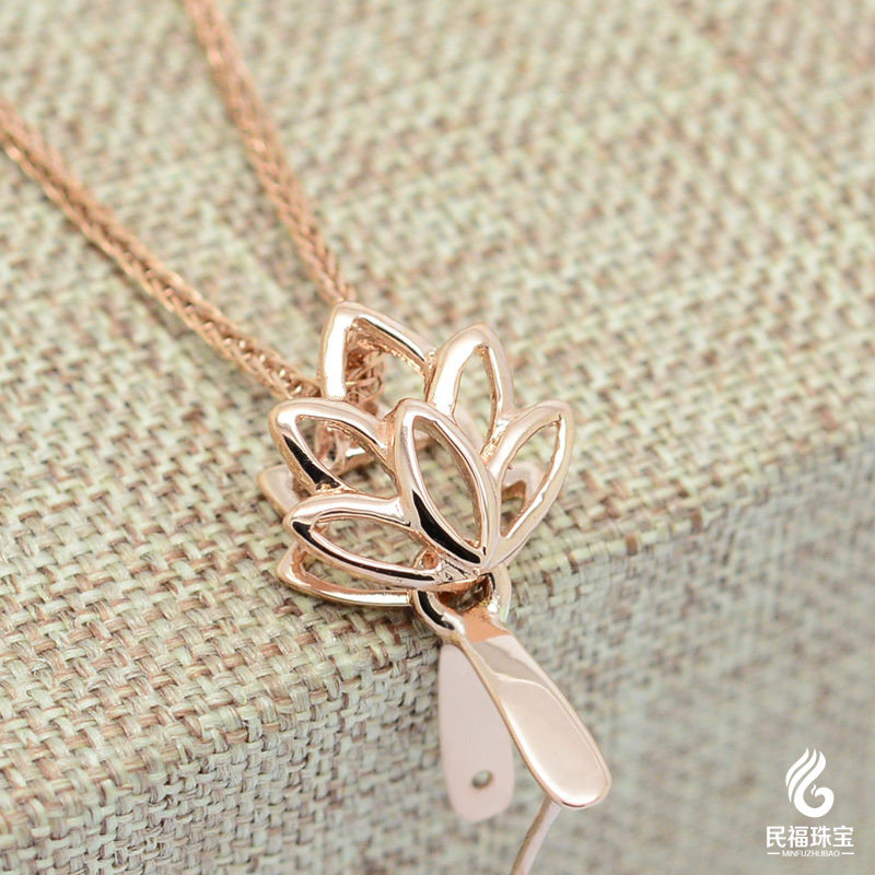 18k金吊坠扣莲花设计大号翡翠金扣头玫瑰金蜜蜡夹扣黄金配件扣子