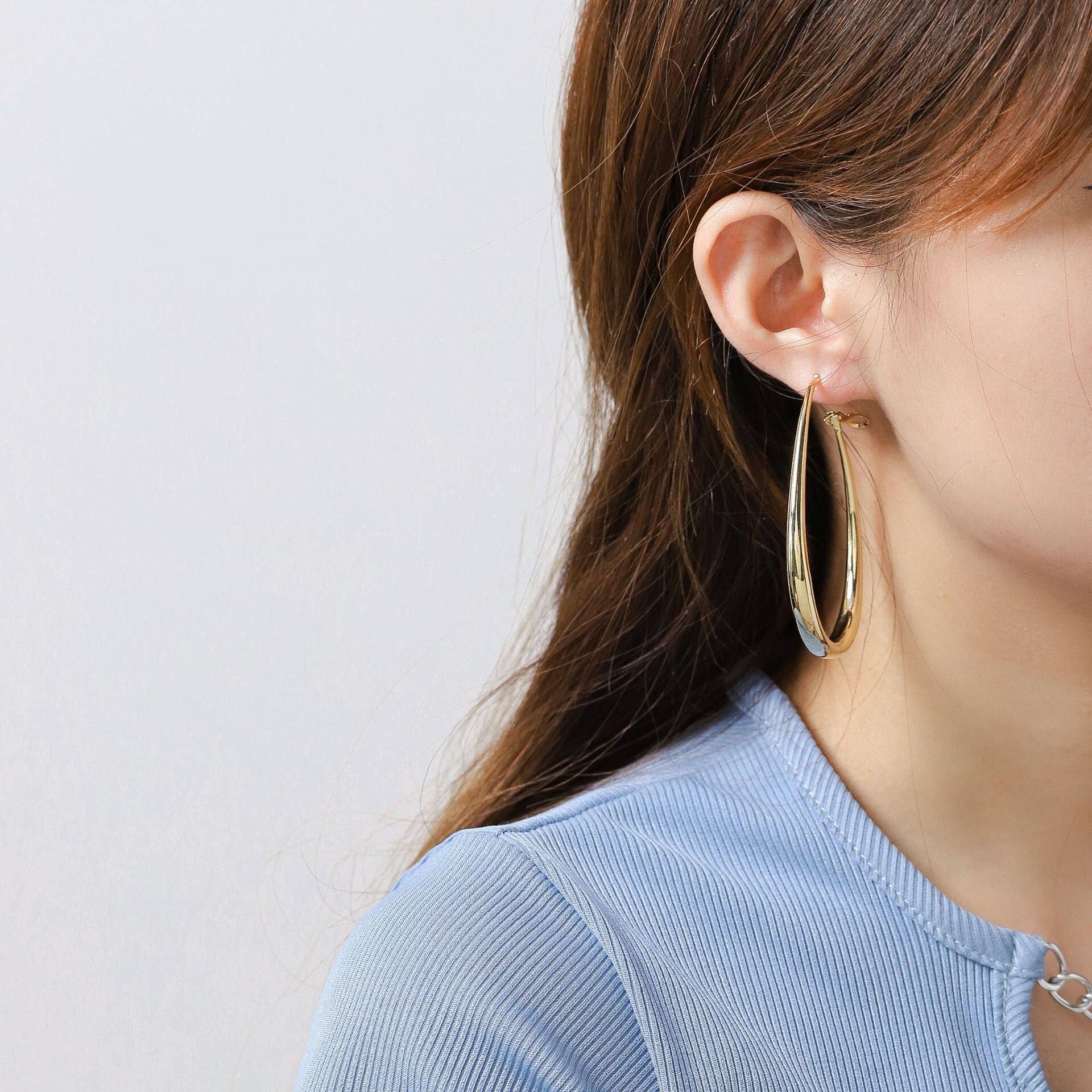 极简金属风水水滴形耳圈月牙圆圈耳环椭圆修饰耳环