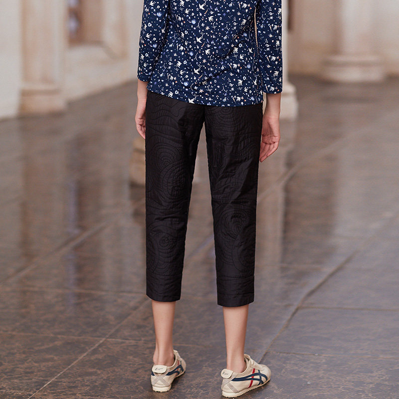 渔牌女裤内外穿2019冬装新款修身棉裤国潮绣花宽松休闲直筒九分裤