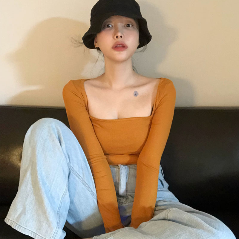 2022春秋法式复古方领显白长袖T恤女装性感大领口上衣低胸打底衫