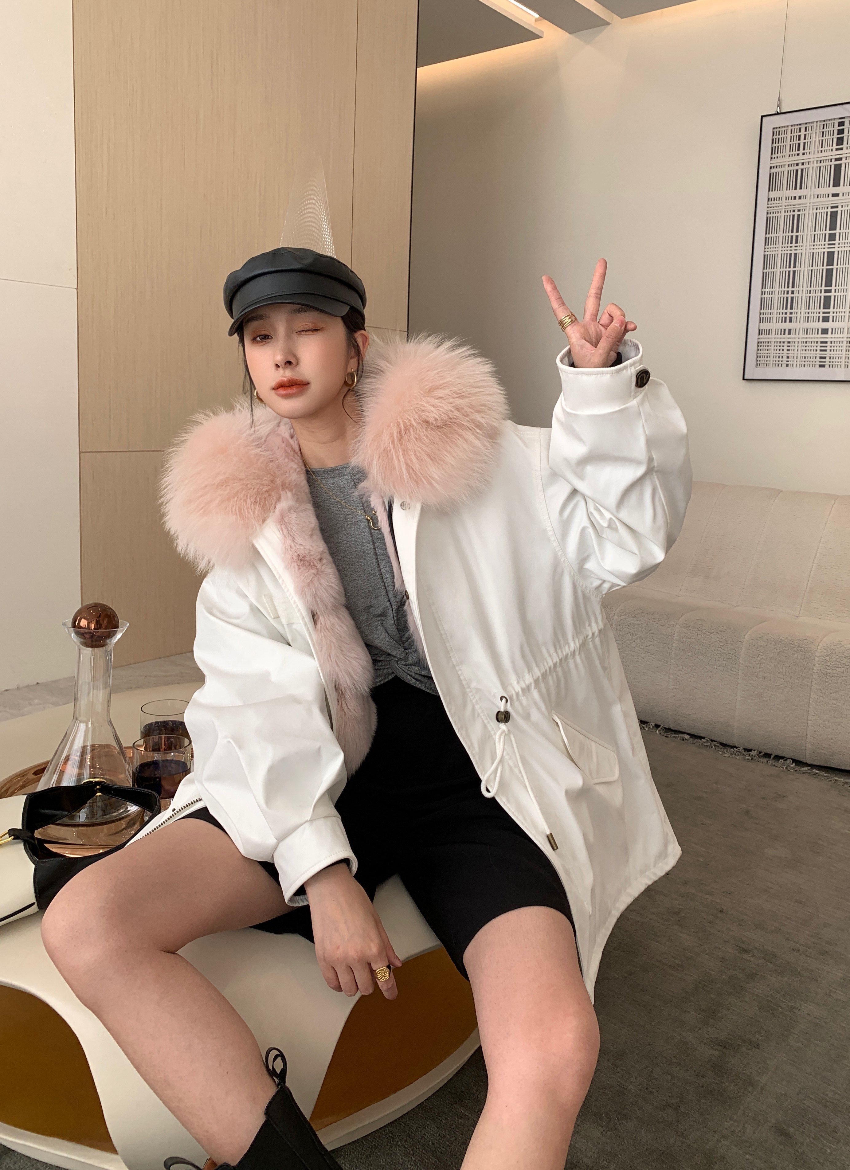 ozlana2021新款冬季派克服外套女年轻款大毛领皮毛一体皮草大衣女