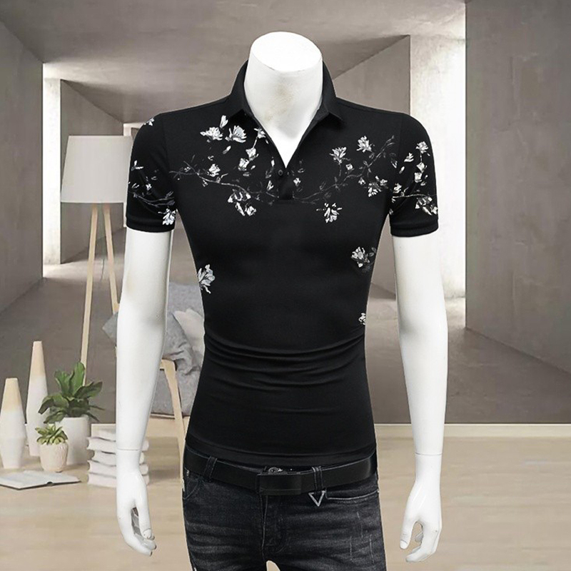 男式短袖polo衫商务休闲夏装T恤翻领衣服青年时尚修身印花t恤半袖