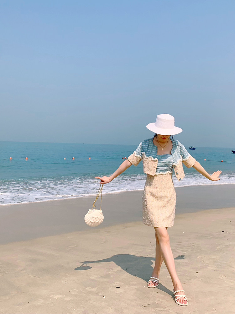 柚间saravivi美妙妙度假日英国进口花呢海滩海滩沙时尚套装