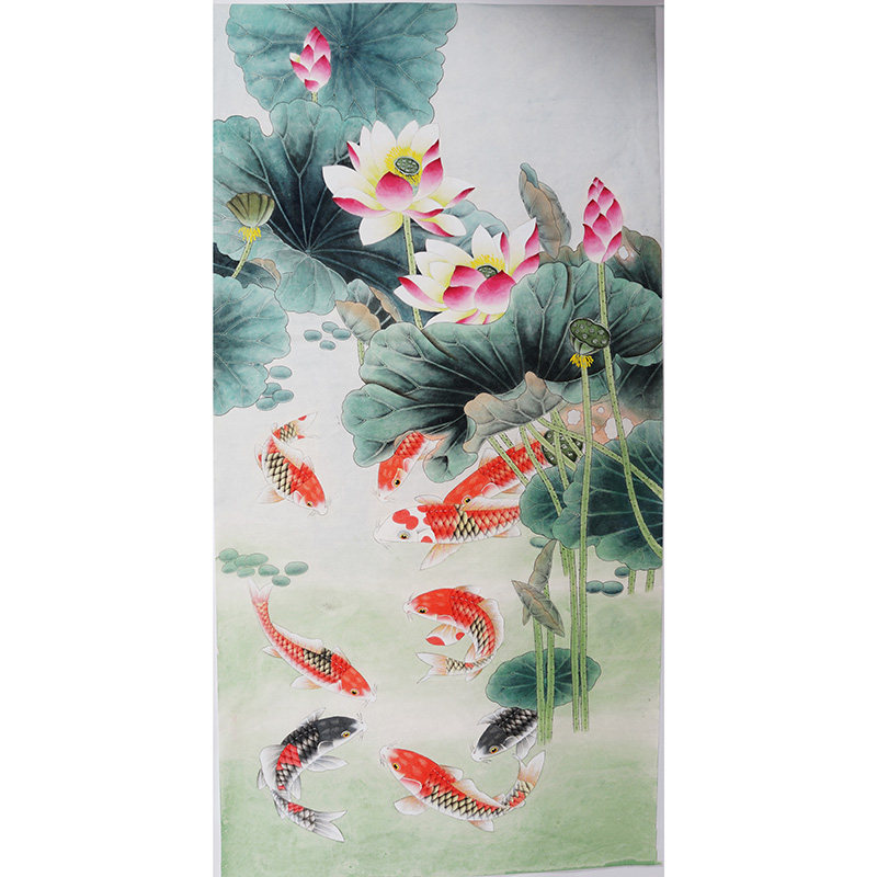 国画无款题款九鱼荷花手工工笔画手绘锦鲤四尺国画
