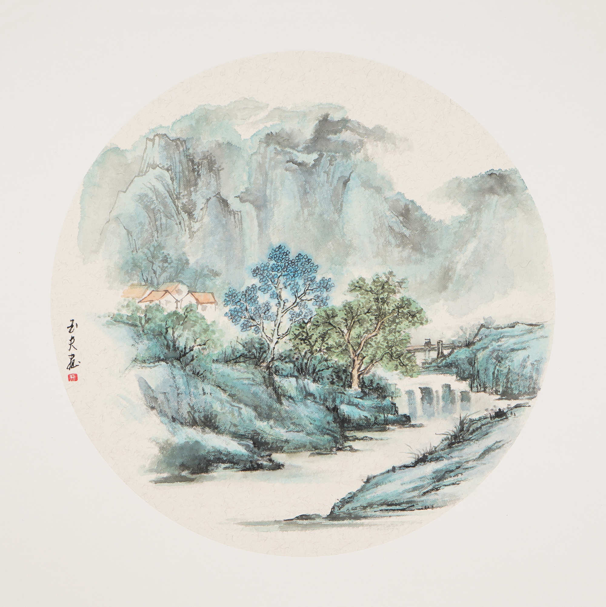 禅意山水画手绘国画斗方卡纸客厅装饰画石玉夫真迹国画