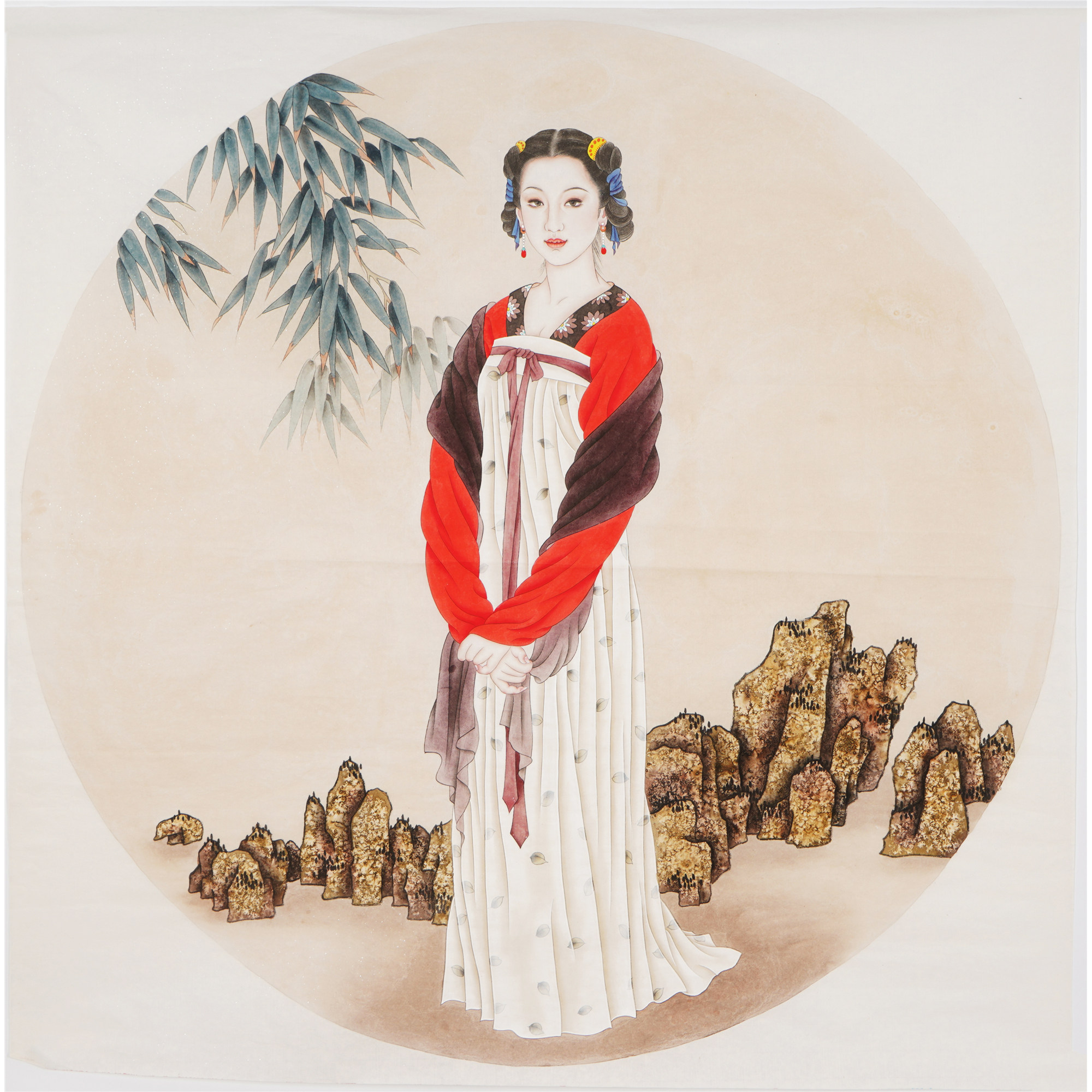 女图工笔画无款人物提款仕女国画工笔斗方四尺国画