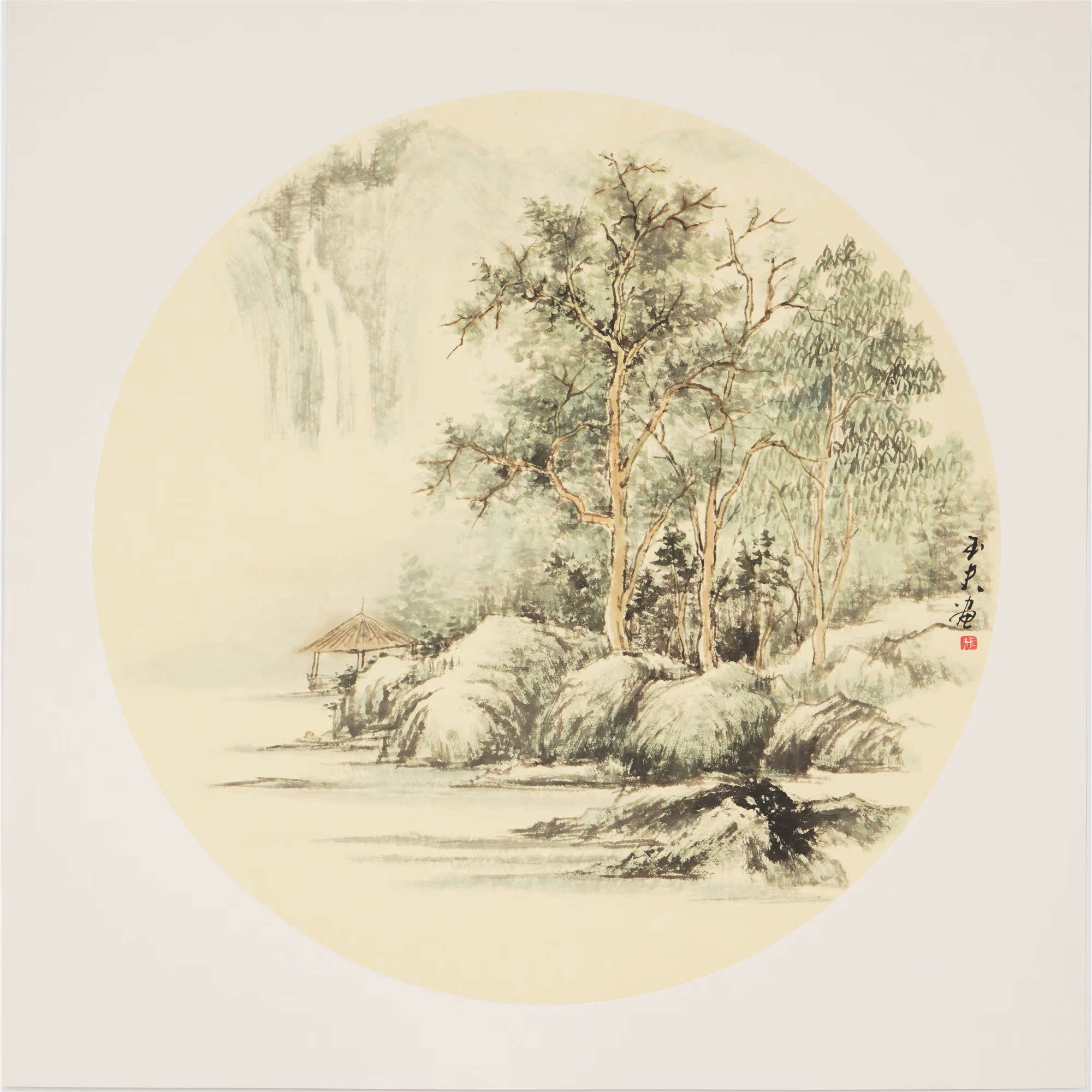 三尺斗方山水卡纸水墨画中式客厅办公室挂画石玉夫国画