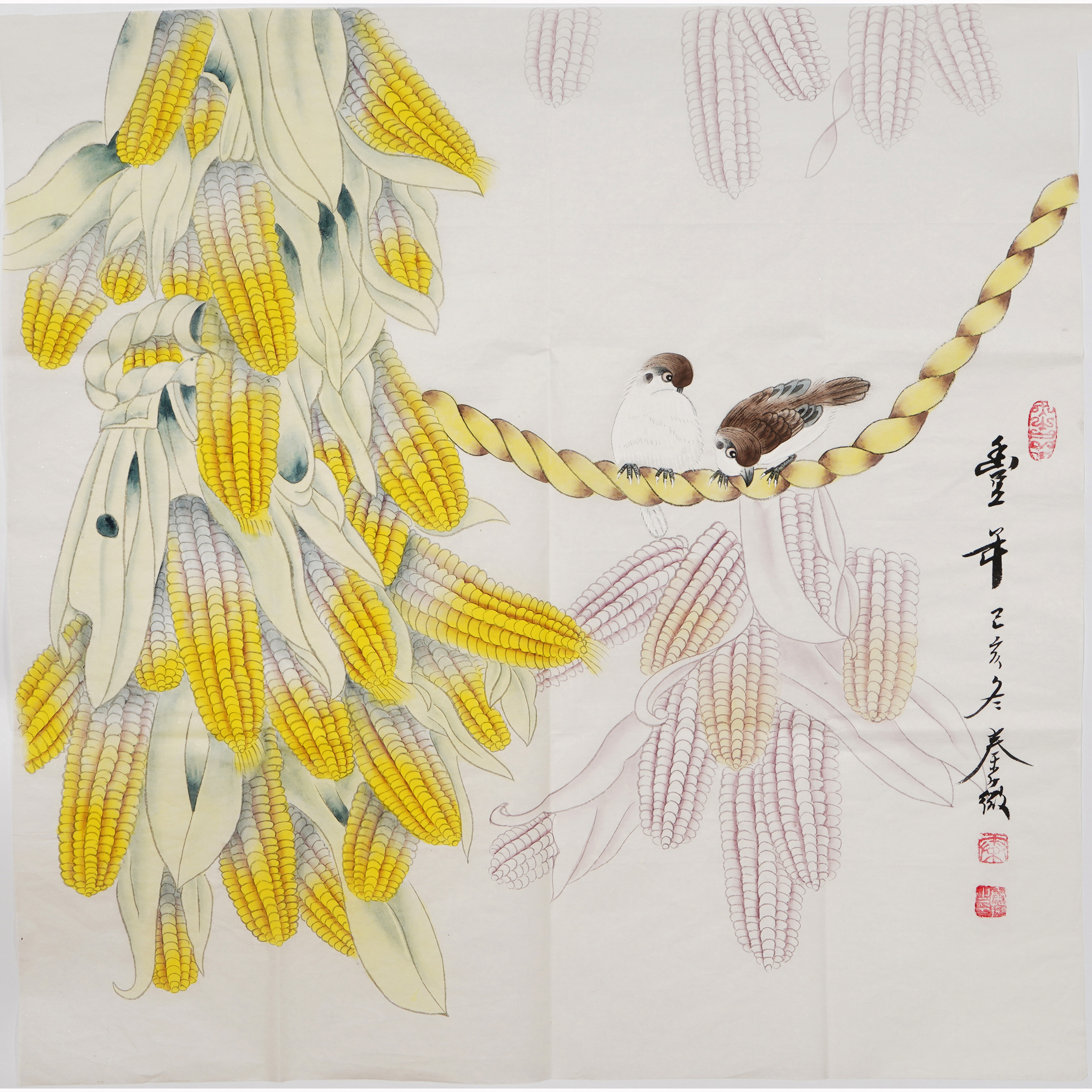工笔画玉米斗方丰秋国画手工客厅餐厅装饰画秦薇国画