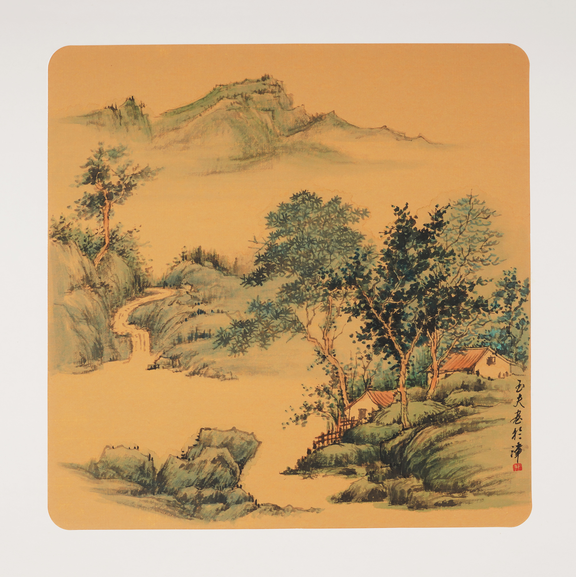 手绘国画水墨画斗方山水画仿古字画中式客厅卡纸国画