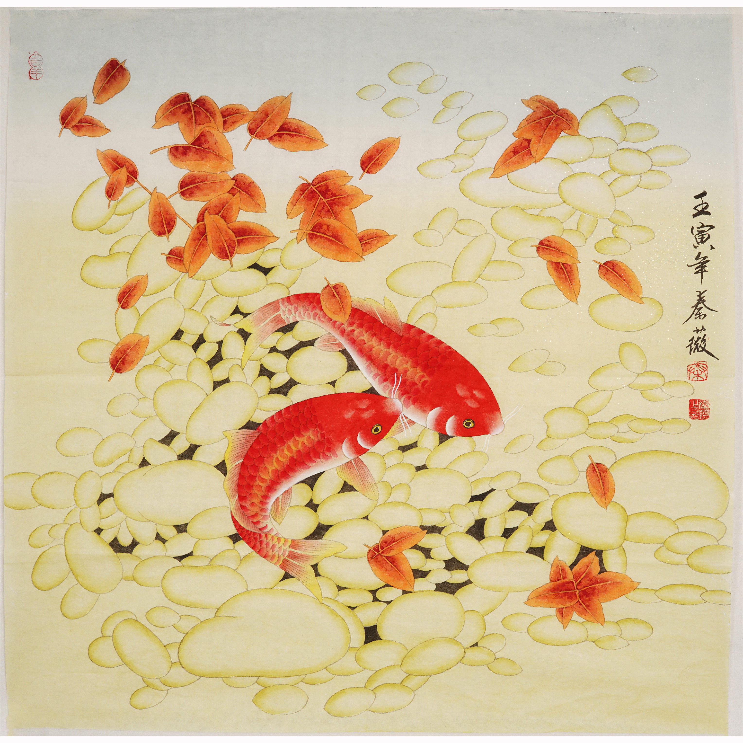 斗方工笔画花鸟国画荷花连年有鱼九鱼装饰画秦薇国画