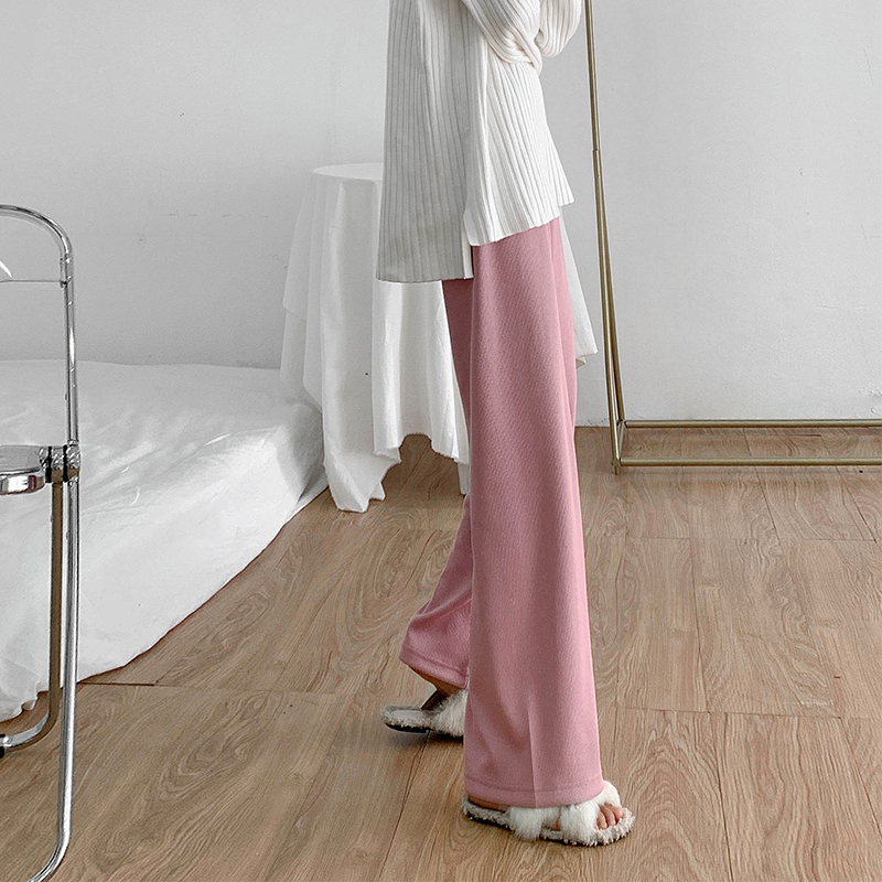 粉色针织阔腿裤女秋冬季加绒加厚高腰显瘦宽松垂感直筒拖地长裤子