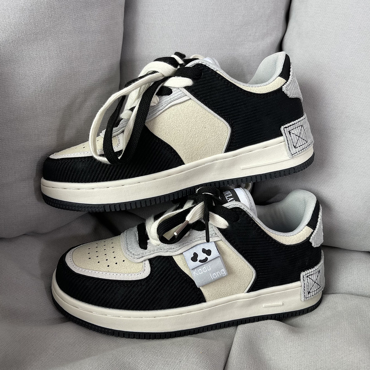 灯芯绒熊猫板鞋男鞋冬季2022新款小众刺绣流苏休闲板鞋