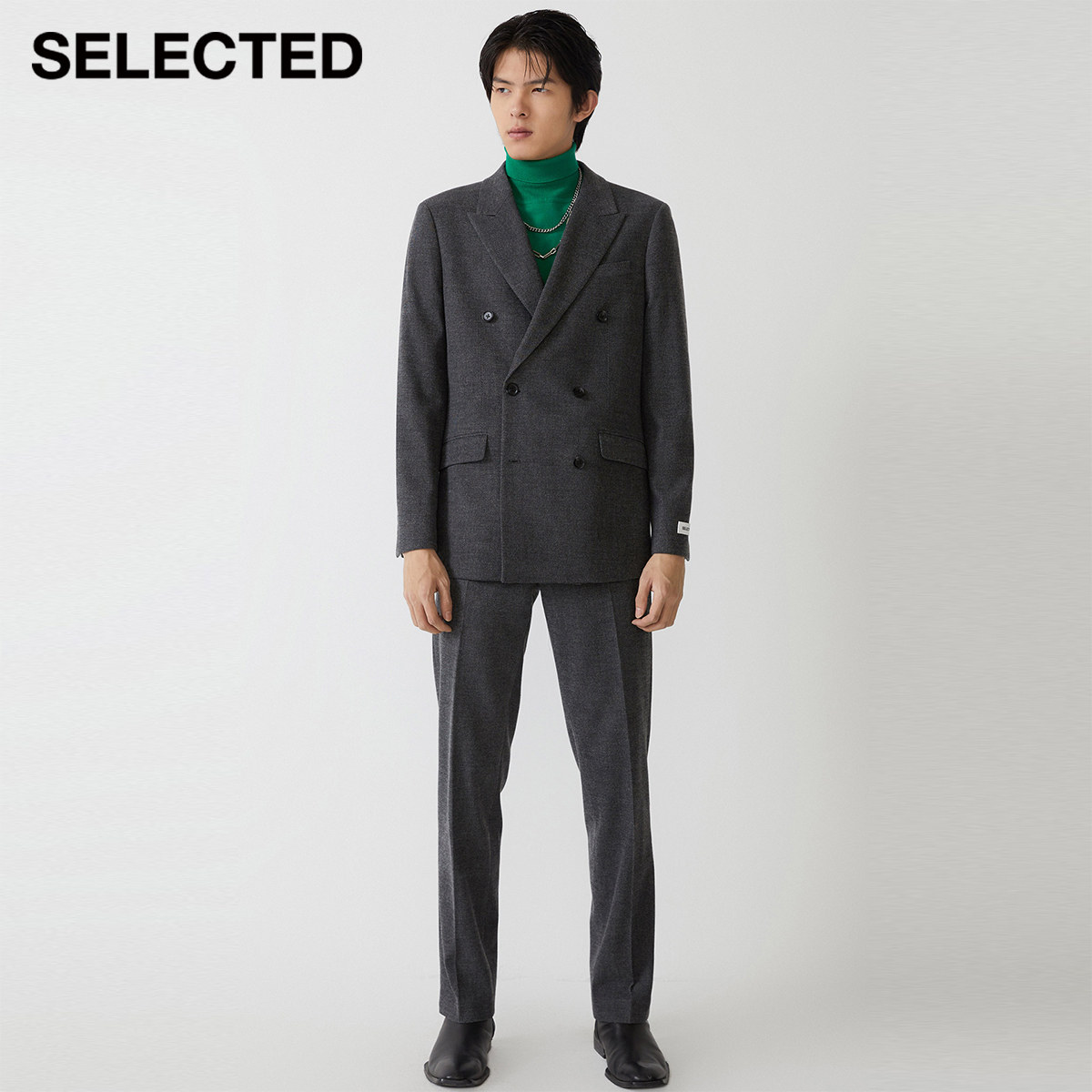 selected思莱德新款潮流帅气商务深灰色条纹双排西装商务正装西服