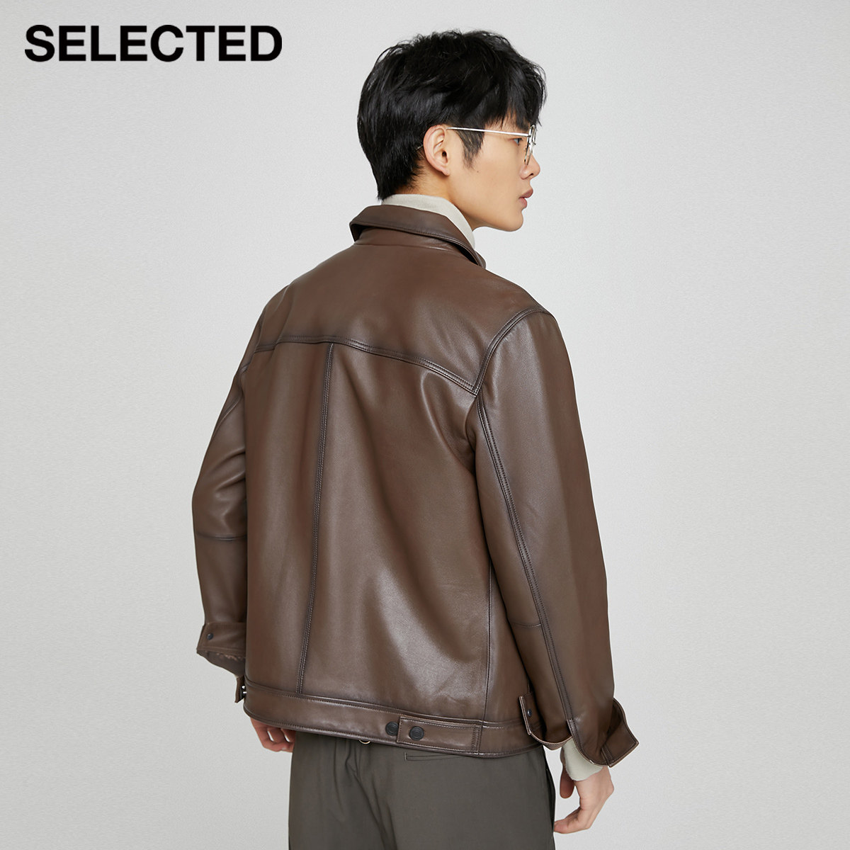 selected思莱德秋冬男新翻领领羊皮革单排机车皮衣皮衣