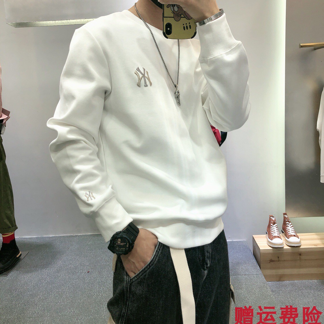 摩登一派新款简约时尚宽松潮流百搭刺绣圆领长袖卫衣T恤打底衫男