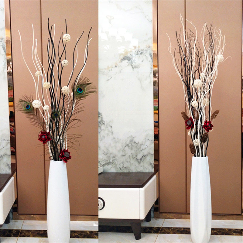 干支龙柳曲柳套装客厅玄关干树枝装饰简约欧式插花落地白色大花瓶
