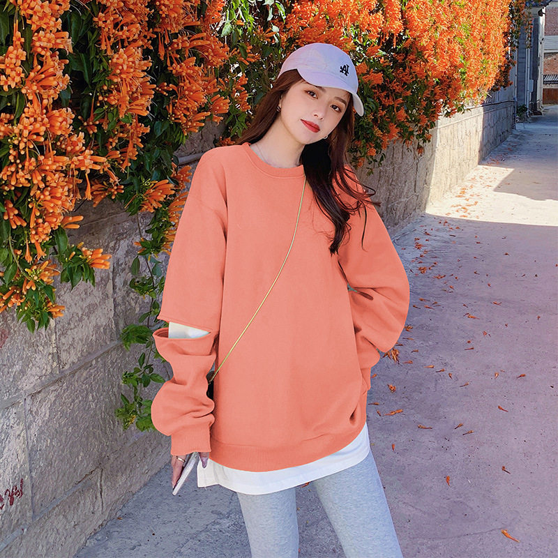 花间梧桐新款两件圆领卫衣女春薄款宽松韩版小个子卫衣