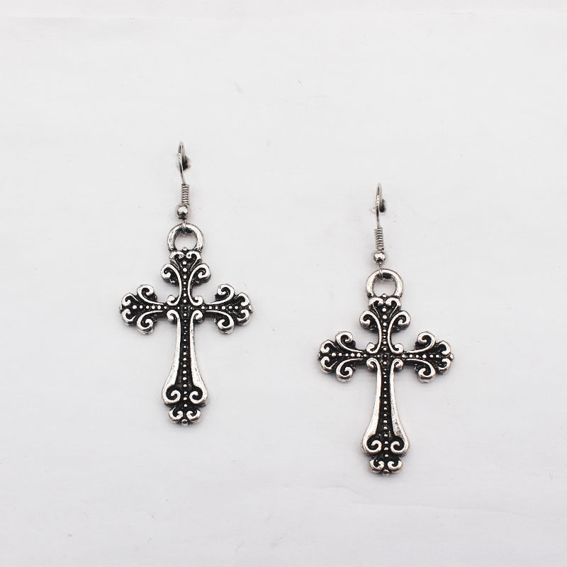 青岛欧美个性饰品浪花双面花纹十字架银色耳环耳钉