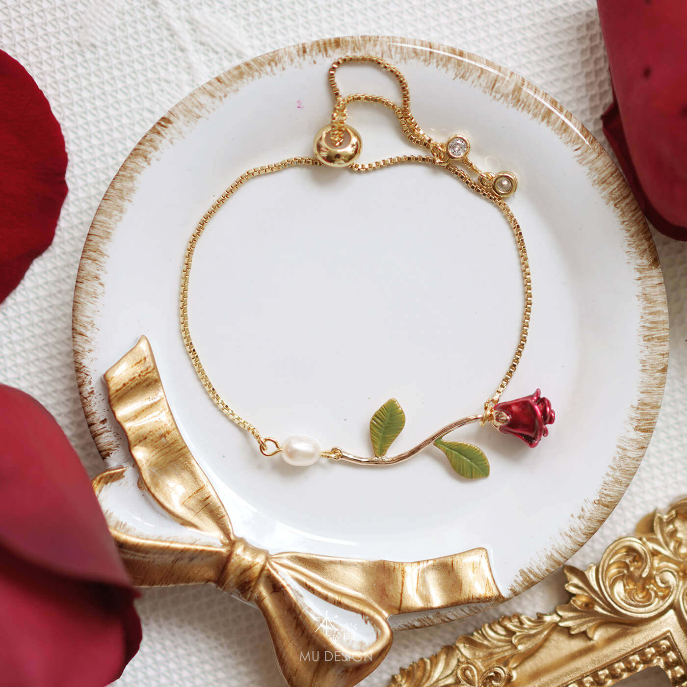 木龙设计手环简约手链彩绘法式复古玫瑰花红色手链