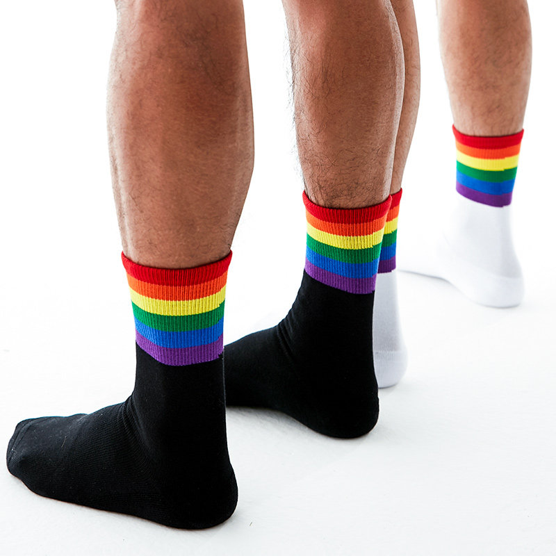 sockkon袜子毛巾休闲中高运动rainbow男士彩虹黑色运动袜