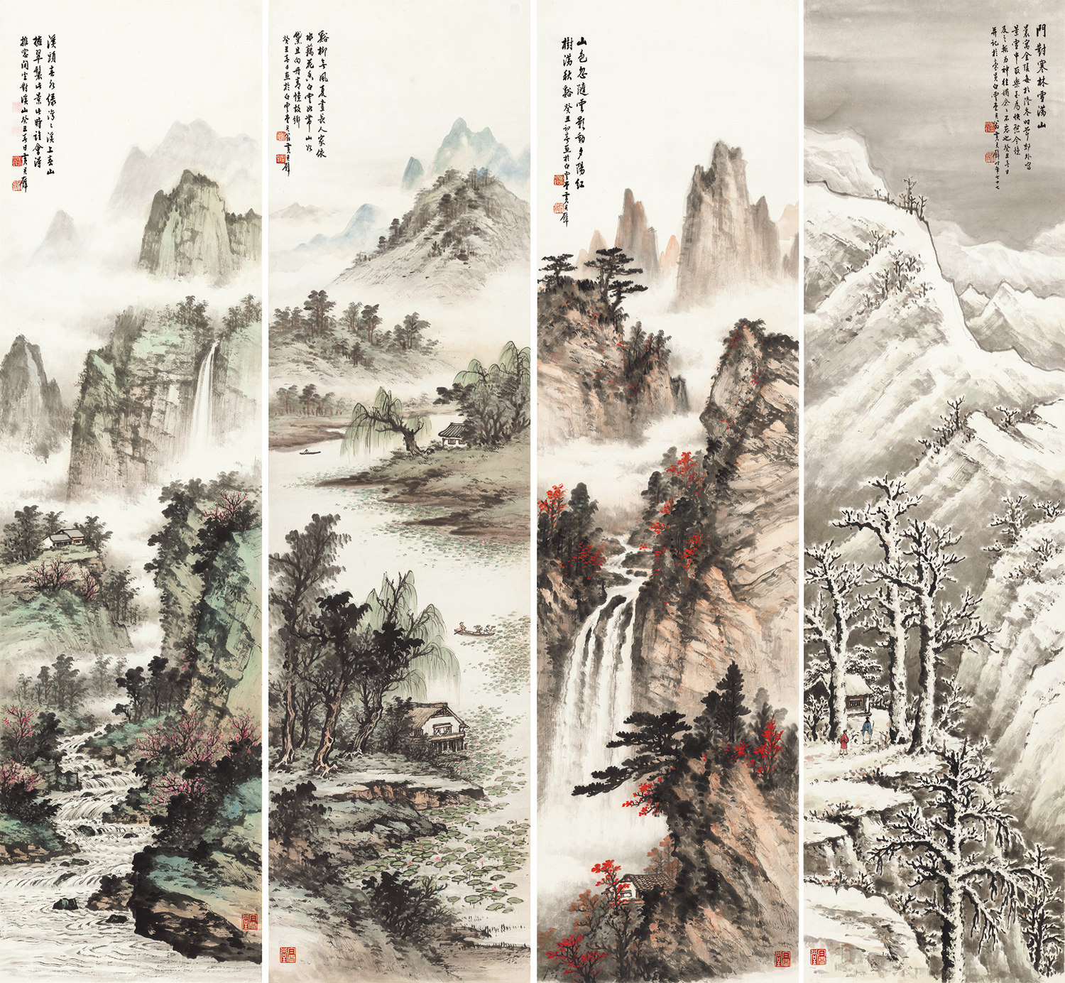 黄君壁春夏秋冬四条国画山水高清复制客厅国画