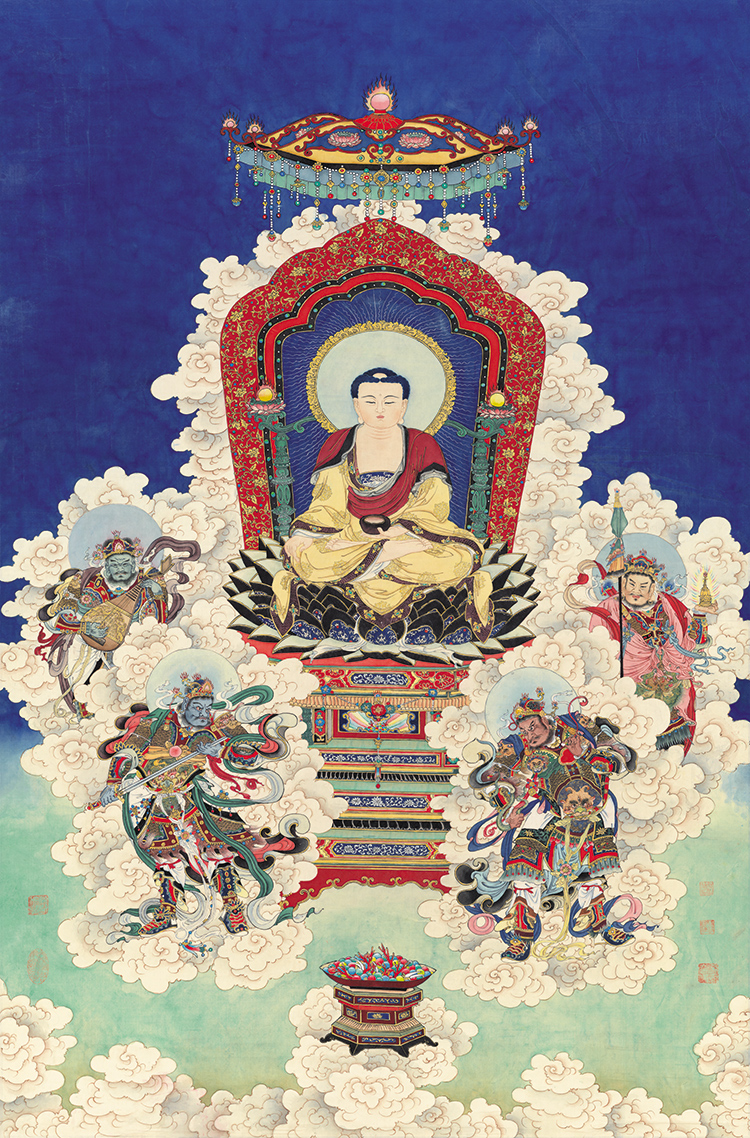 夏荆山166国画工笔人物画绢布画佛画复制释迦牟尼四大天王国画