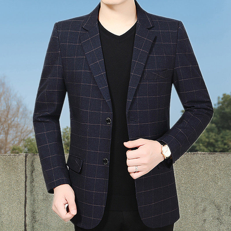 西装男韩版2020中年男士格子小西西服潮流爸爸西服