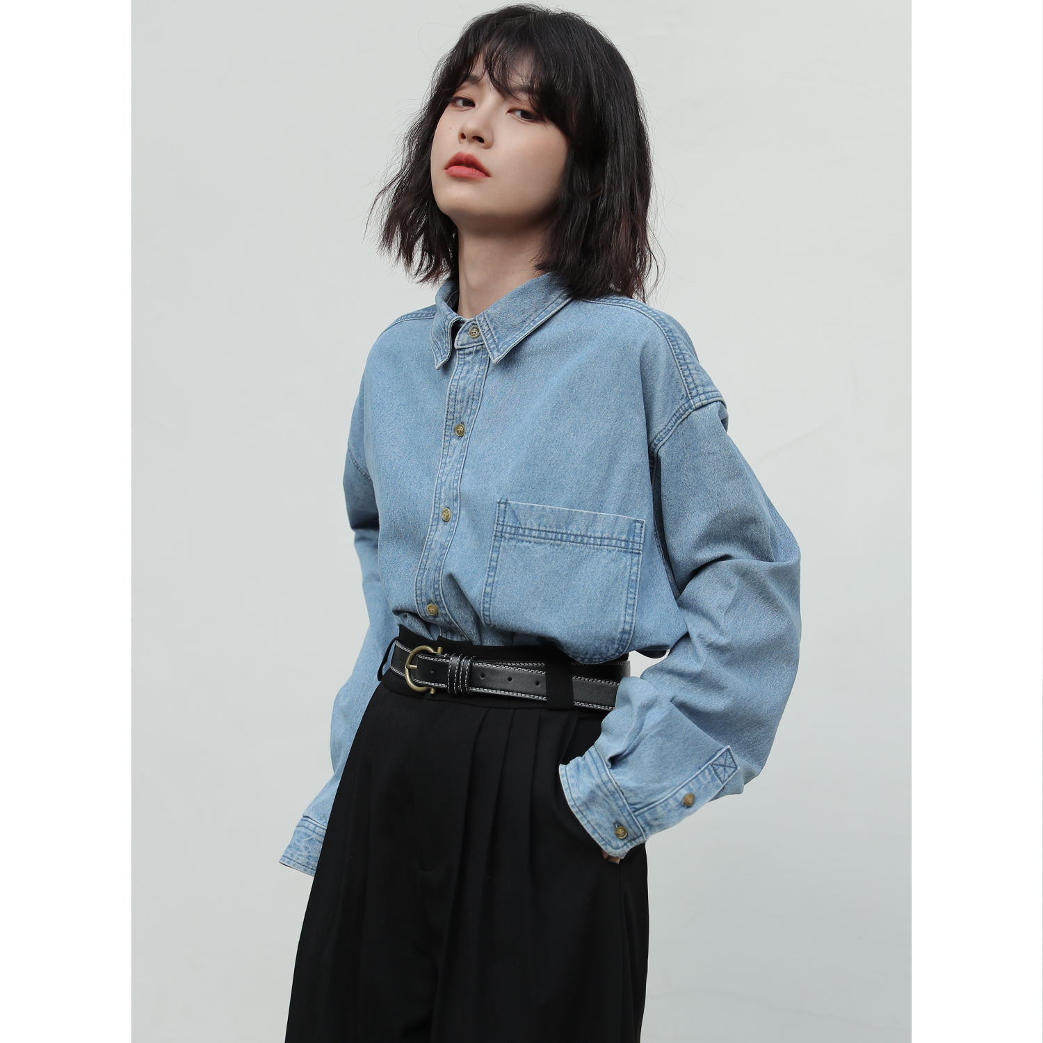 bayue八月 港风法式牛仔衬衫早秋新款复古设计感小众蓝色衬衣女