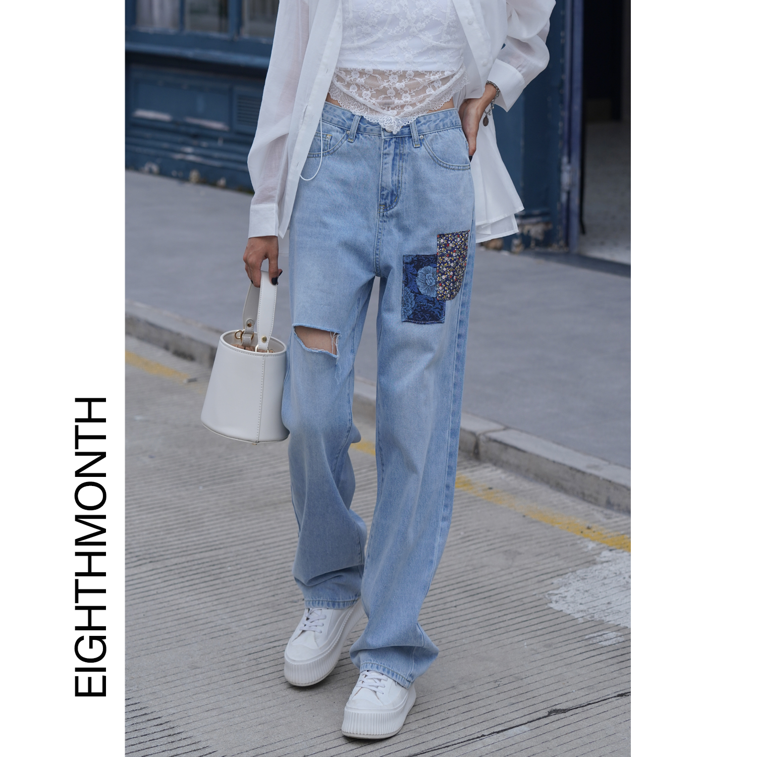 EIGHTHMONTH 破洞牛仔裤女夏季薄款刺绣设计感小众高腰直筒阔腿裤
