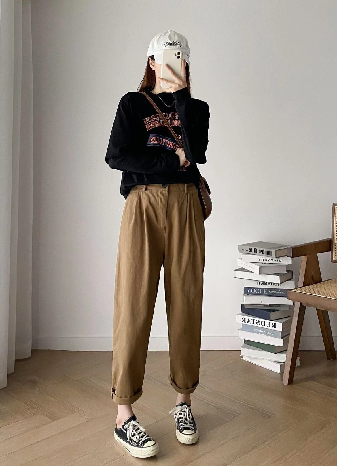 卡其色工装裤女夏薄高腰显瘦棉日系宽松萝卜裤休闲直筒阔腿裤春秋