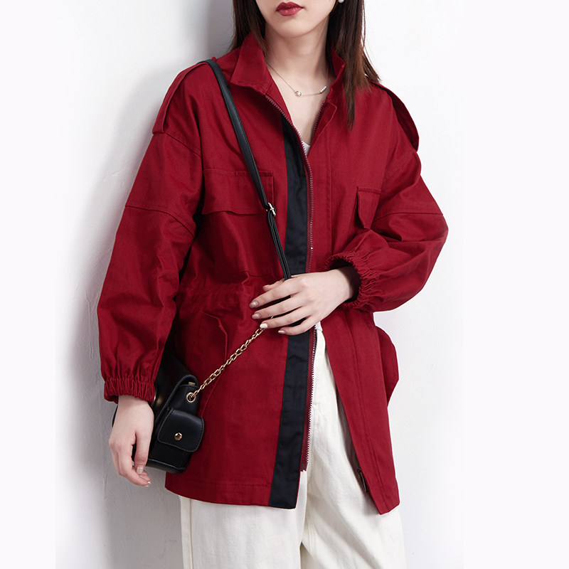 春秋车厘子红工装小外套新款韩版宽松小个子中长风衣