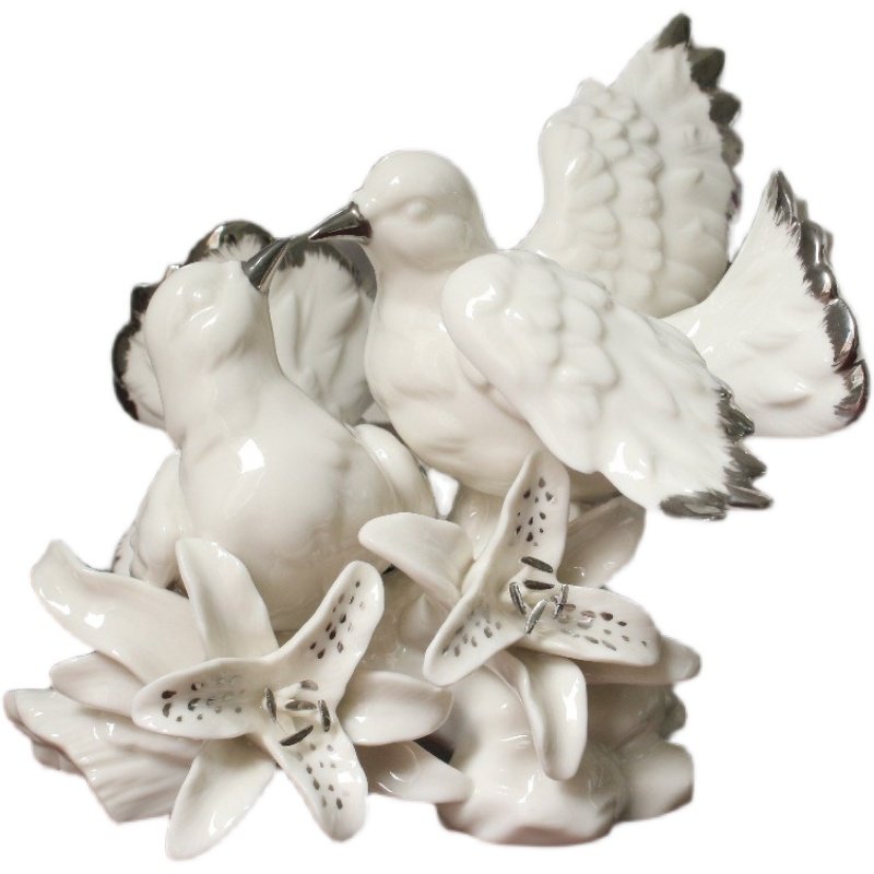 外贸乡村手工描银陶瓷和平和平鸽鸽子摆件家居摆件